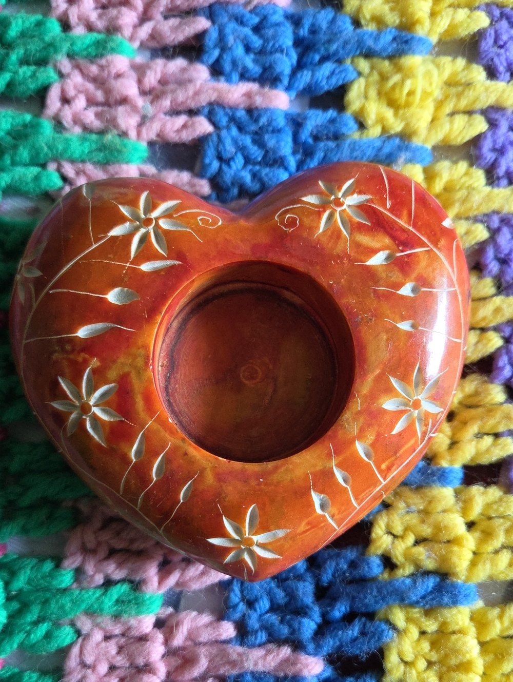 Handcarved Floral Motif Orange-Red Soapstone Heart Shaped Tea Light Holder.